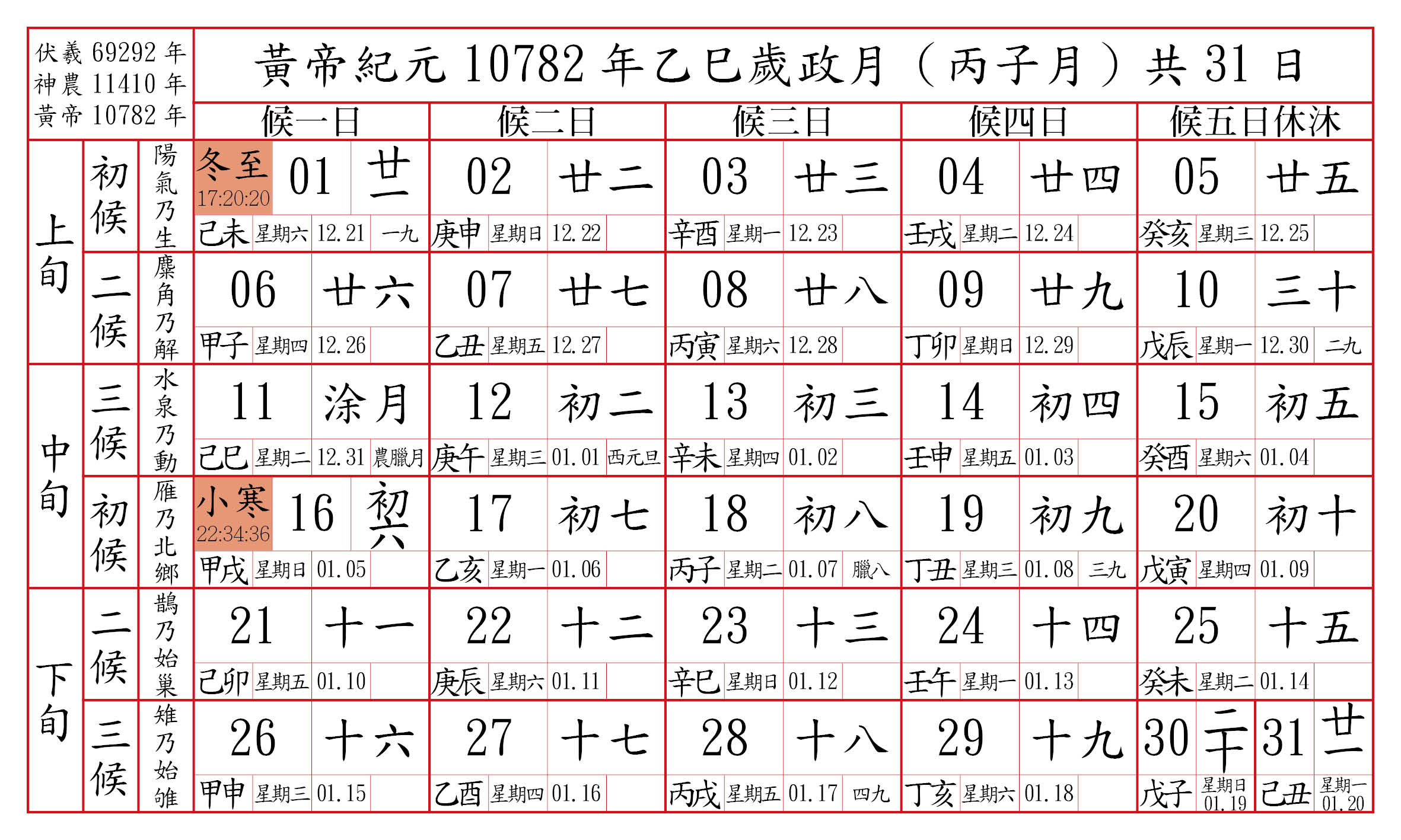 黃帝紀元10782年乙巳歲曆表